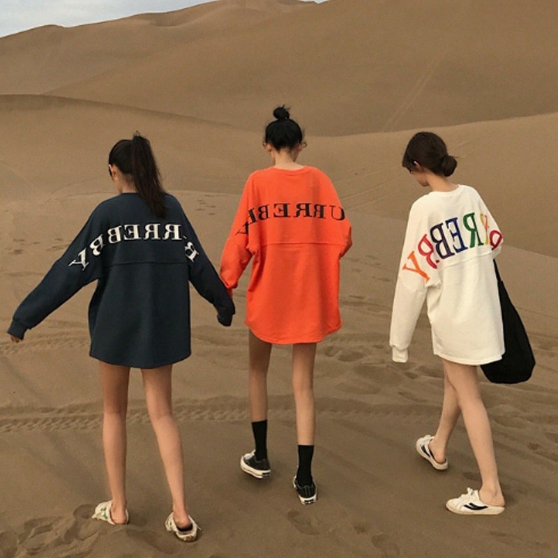 Autumn and Winter Loose round Neck Pullover Print Alphabet plus Velvet Padded Sweater Coat Mid-Length Long Sleeve Top