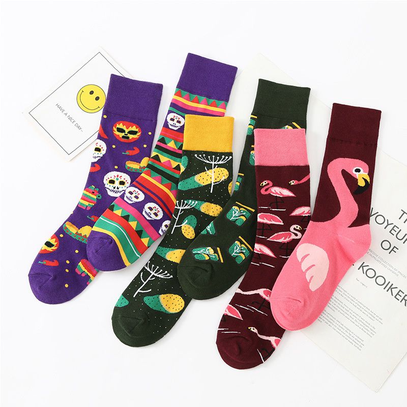 European and American Autumn and Winter New Creative Couple AB Trendy Socks Fashion Personality Trend Cartoon Jacquard Middle Tube Cotton Socks