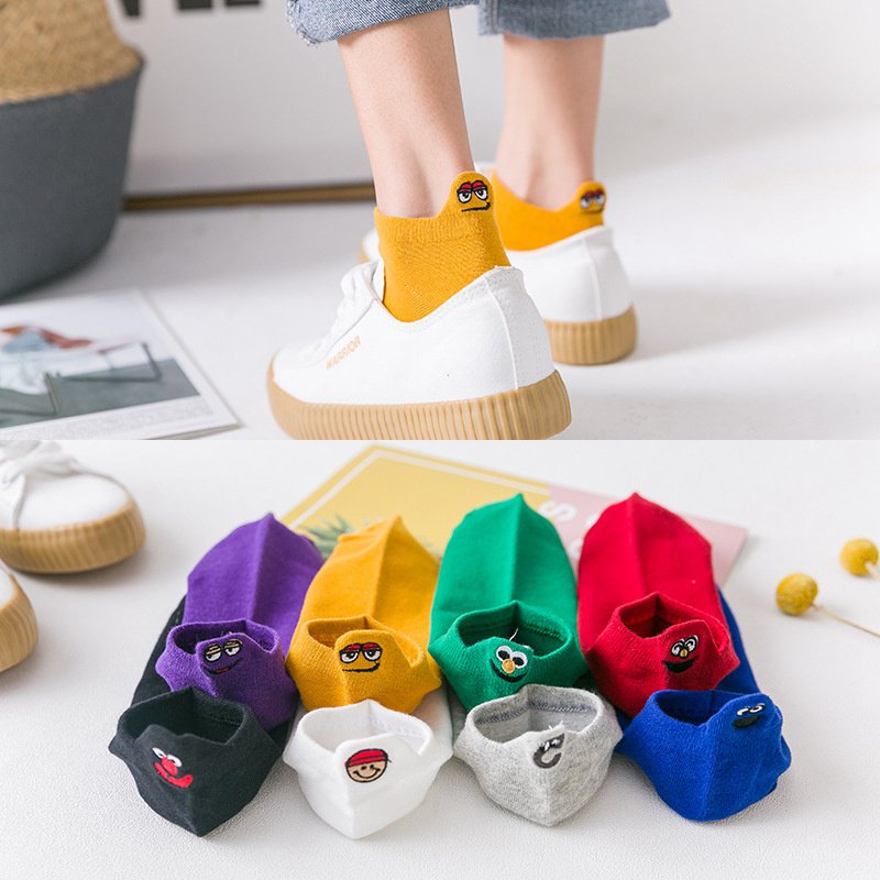 Kawaii Embroidered Expression Women Socks Cotton Harajuku Happy Funny Socks Women Christmas Gifts Ankle 1 Pair Size 35-40