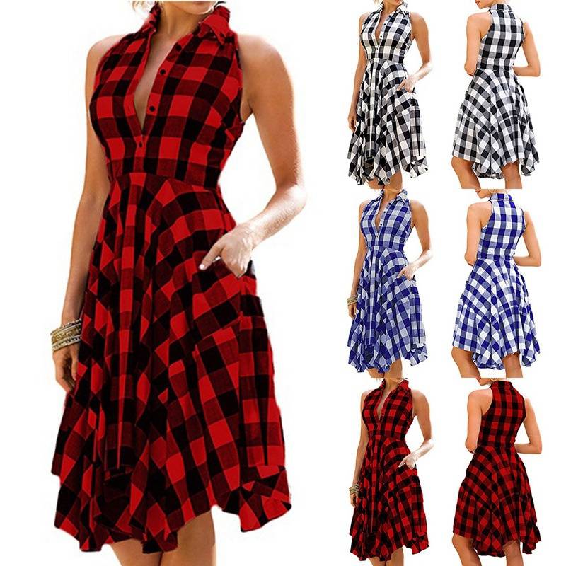 Short Autumn and Winter Plaid Mid-Skirt Temperament Commute Lapel High Waist Strap Type Cotton Red round-Neck Shirt