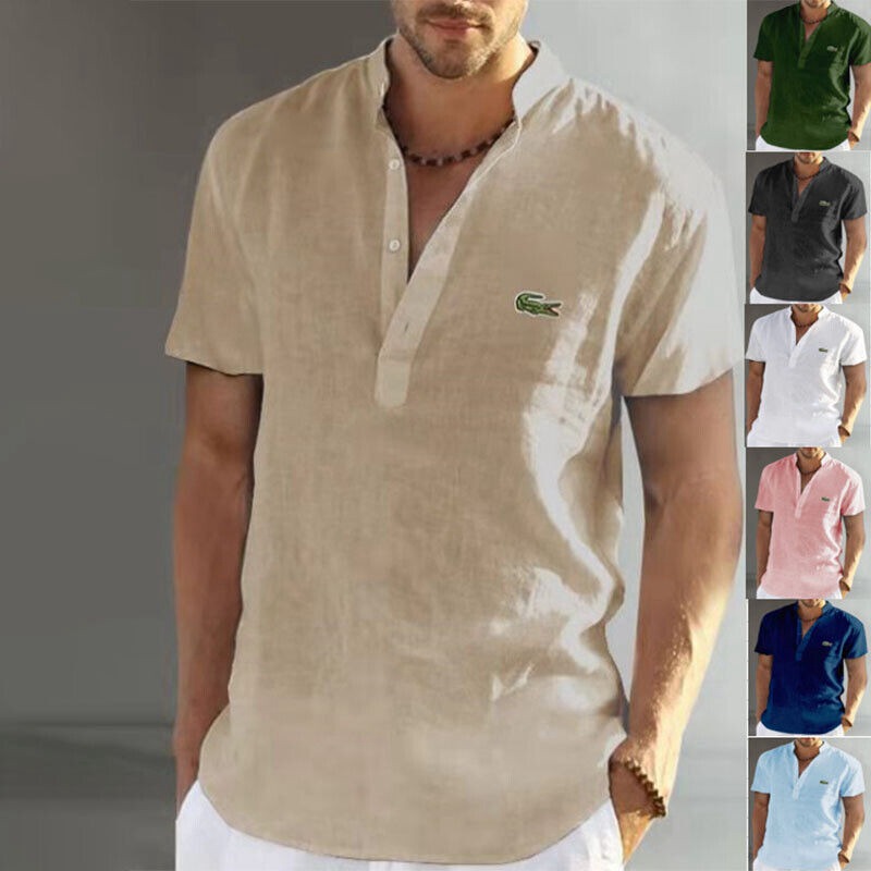 Mens Short Sleeve Linen Shirts Summer Solid Loose Casual Dress Shirt Blouse Tops