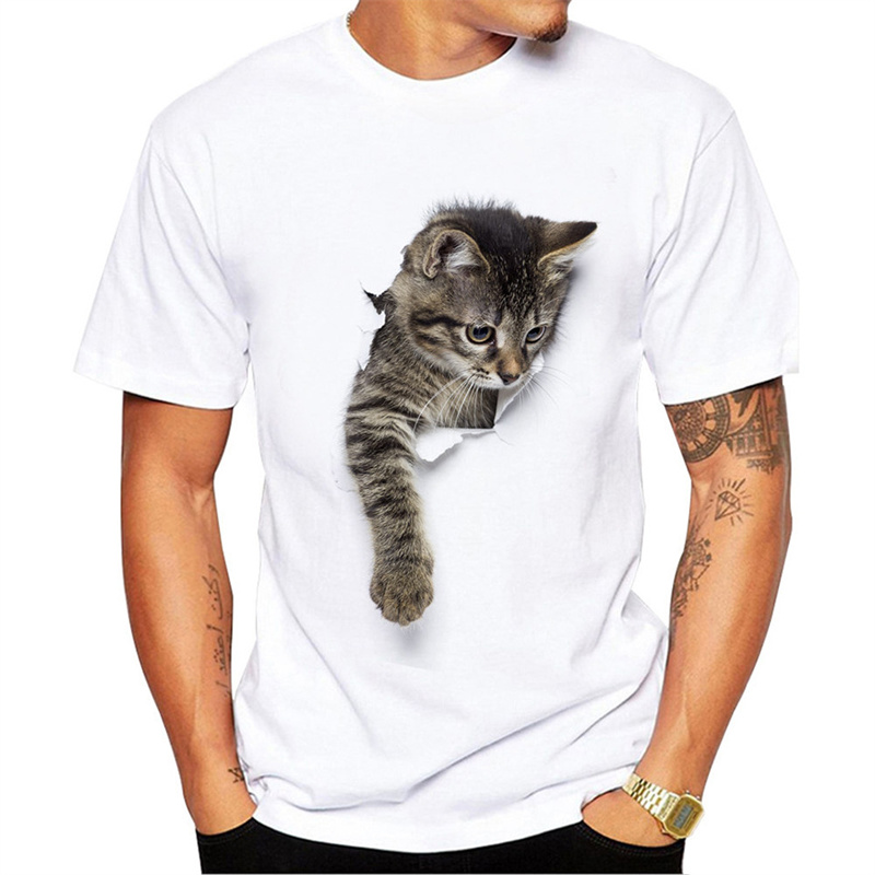 Wish AliExpress European and American Couple 3D Broken Paper Cat Cute Men's Printed T-shirt