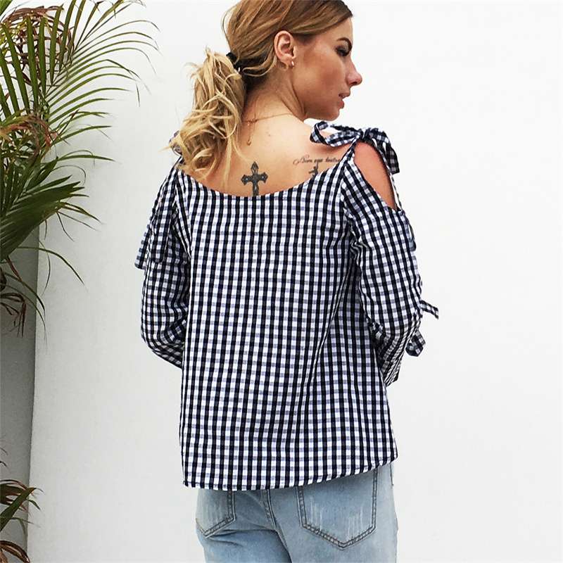 2024 Spring and Summer New Casual Black and White Plaid Cross Lace-up off-Shoulder Long Sleeve Bowknot Shirt Women's Blouse Shirt