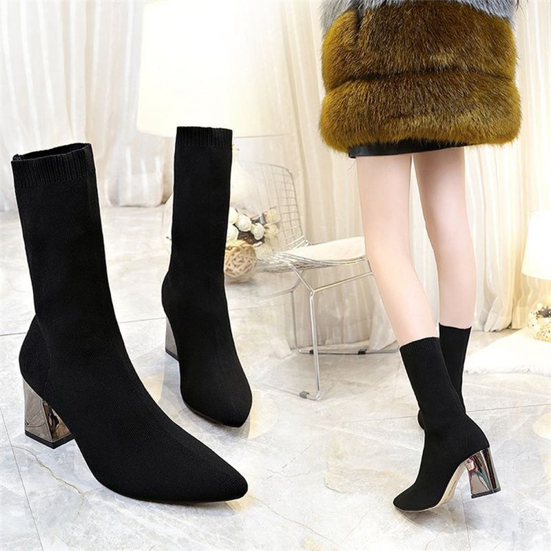 Z 2024 Autumn New Pointed Toe Dr. Martens Boots Chunky Heel High Heel Female Boots Skinny Leg Black Wool Tube Elastic Booties