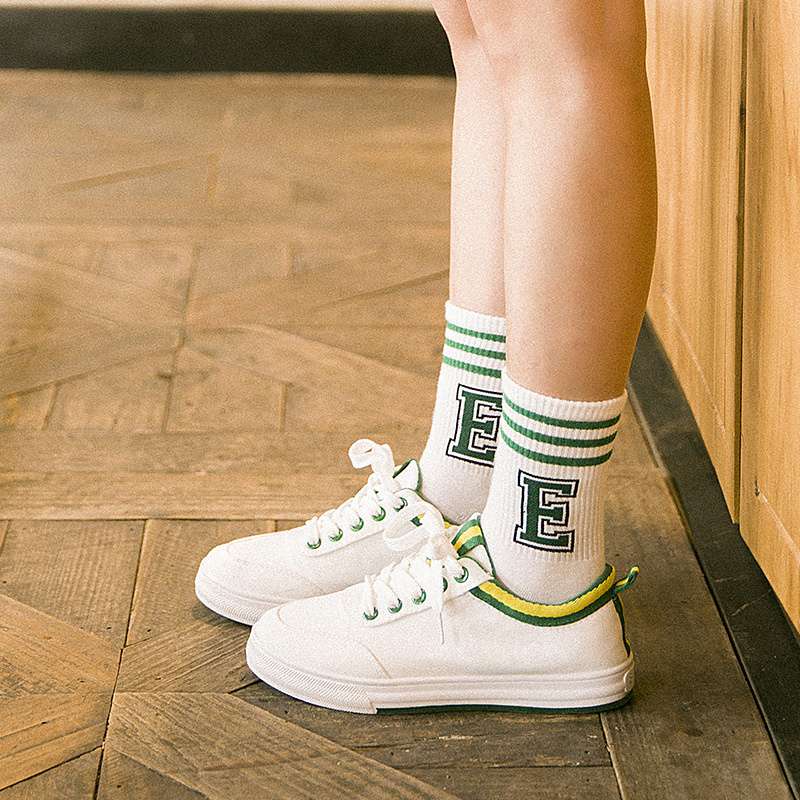 Cute Spring and Summer New Korean Same Style Female Mid-High Tube Three Bars College Style Striped Letters English Harajuku Socks