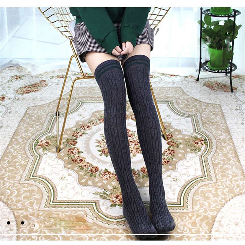 Student Spring and Autumn Knee Socks Stockings Twist Knitted Two-Bar Vertical Stripes Pile Style Japanese Thigh Stocking Female Korean Fashion