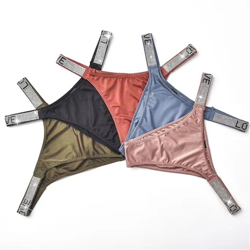 Sexy Letters Rhinestone Underwear Thin Belt Thong Women's Comfortable Milk Silk Thong T-Shaped Panties Women's T-Back - Image 2