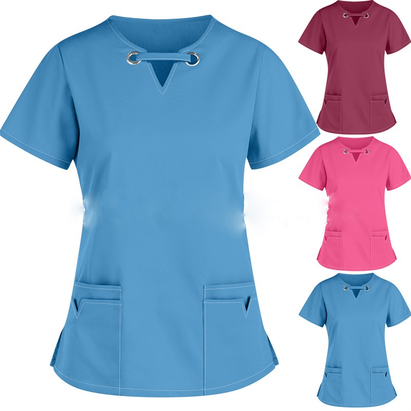 2024 European and American women's clothing Amazon V-neck solid color short sleeved nurse uniform Cross border shirt Women's nurse top