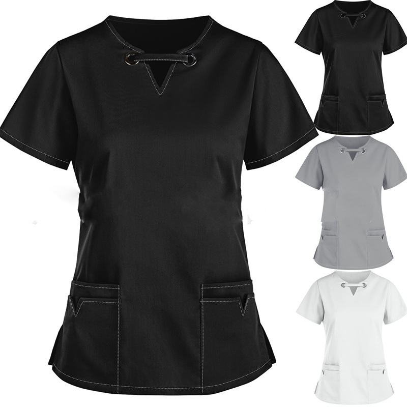 2024 European and American women's clothing Amazon V-neck solid color short sleeved nurse uniform Cross border shirt Women's nurse top - Image 2
