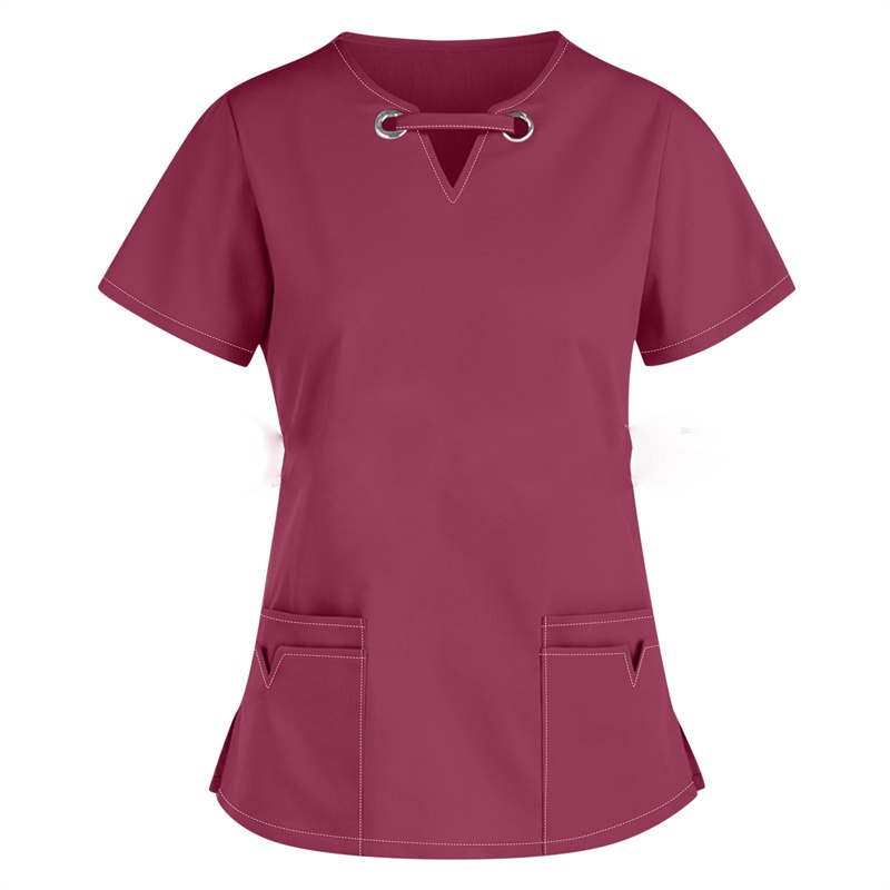 2024 European and American women's clothing Amazon V-neck solid color short sleeved nurse uniform Cross border shirt Women's nurse top - Image 3
