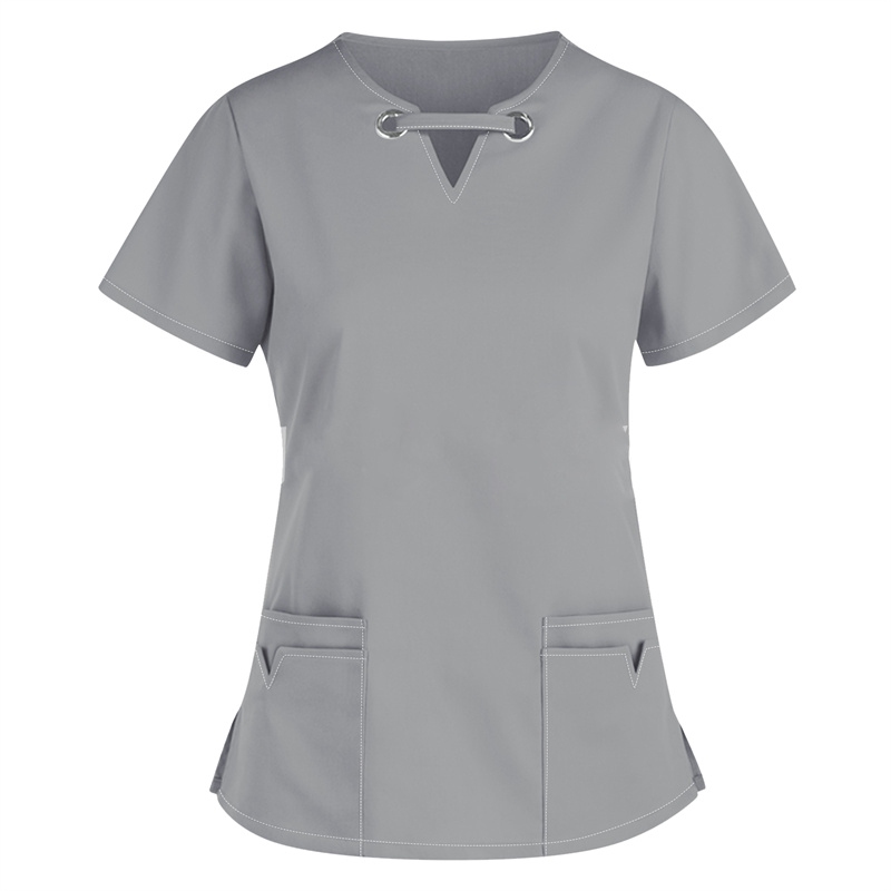 2024 European and American women's clothing Amazon V-neck solid color short sleeved nurse uniform Cross border shirt Women's nurse top - Image 4