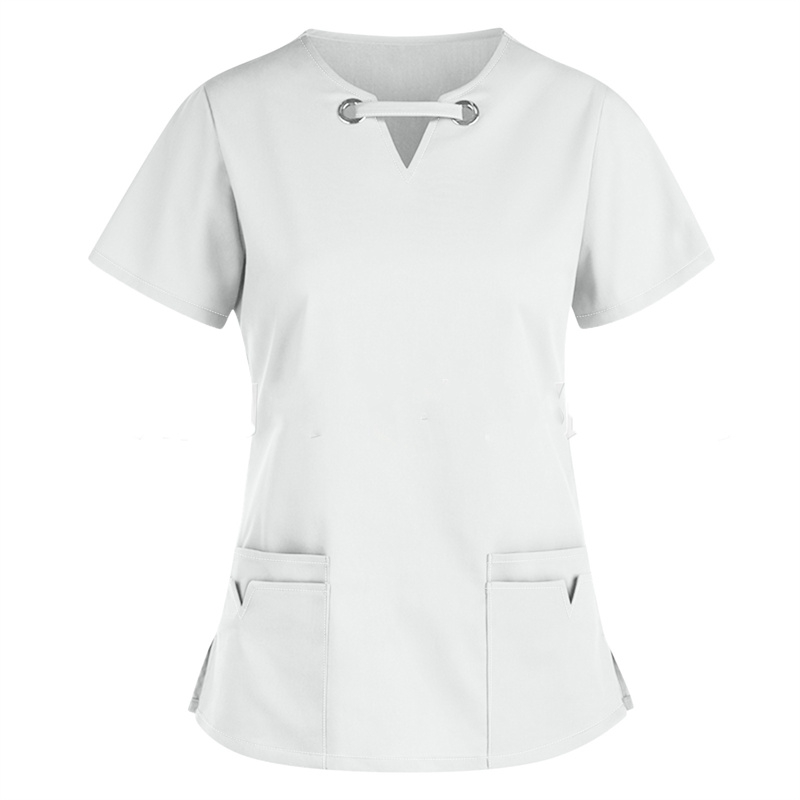 2024 European and American women's clothing Amazon V-neck solid color short sleeved nurse uniform Cross border shirt Women's nurse top - Image 5