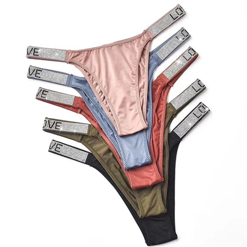 Sexy Letters Rhinestone Underwear Thin Belt Thong Women's Comfortable Milk Silk Thong T-Shaped Panties Women's T-Back - Image 3