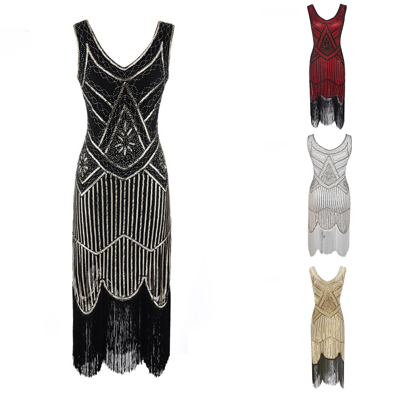 1920's Dress Great Gatsby Costume Cocktail Party Sequin Fringe Flapper - Image 19
