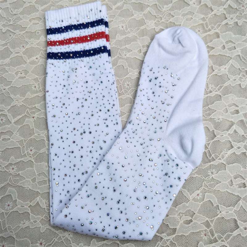 AliExpress Sexy Rhinestone Knee Socks Striped Women's Stockings Rhinestone Socks European and American High-Top Cotton Socks Factory Wholesale - Image 4