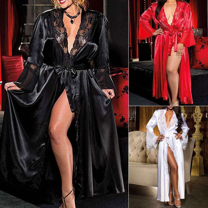 Cross-Border Foreign Trade Sexy Women's Lingerie European and American Style Lace plus Size See-through Lengthened Bathrobe See-through Nightgown - Image 2