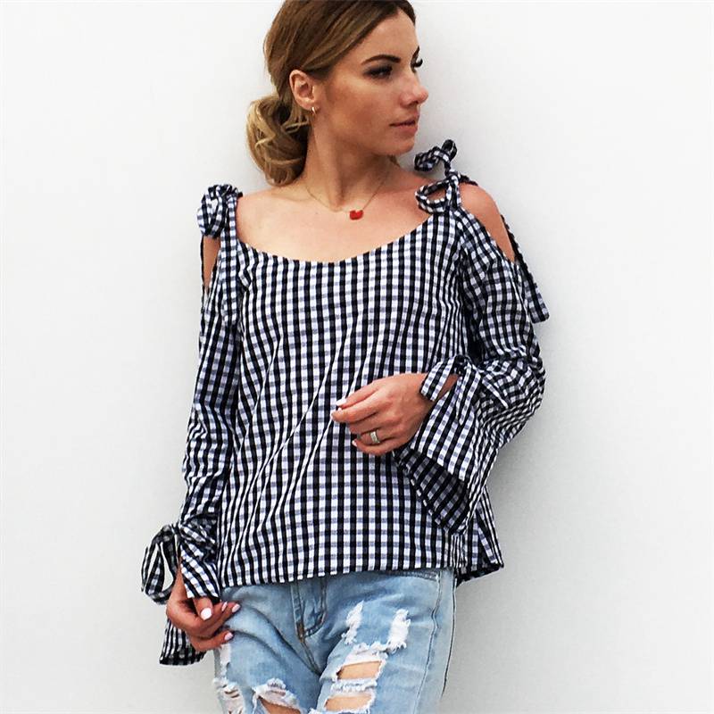 2024 Spring and Summer New Casual Black and White Plaid Cross Lace-up off-Shoulder Long Sleeve Bowknot Shirt Women's Blouse Shirt - Image 2