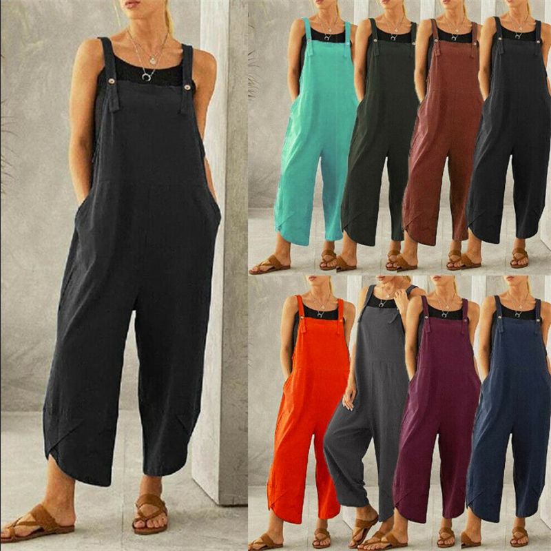 Ladies Womens Dungarees Overalls Buttons Playsuits Trousers Loose Tops Jumpsuit