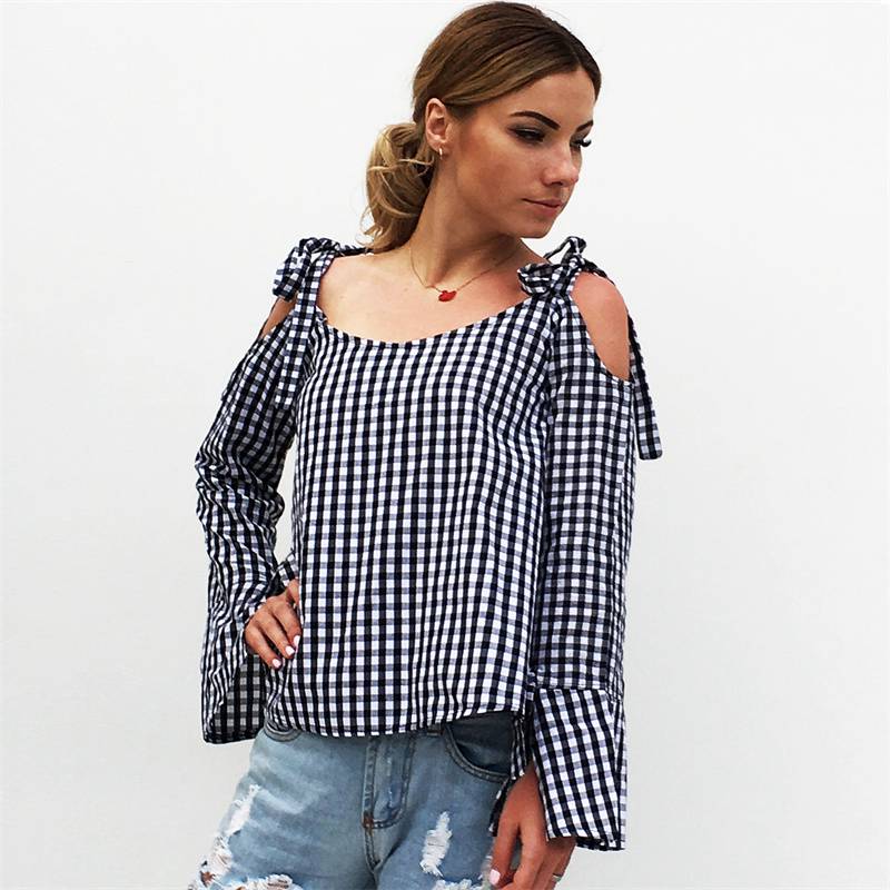 2024 Spring and Summer New Casual Black and White Plaid Cross Lace-up off-Shoulder Long Sleeve Bowknot Shirt Women's Blouse Shirt - Image 3