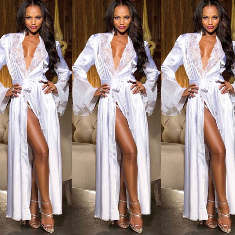Cross-Border Foreign Trade Sexy Women's Lingerie European and American Style Lace plus Size See-through Lengthened Bathrobe See-through Nightgown - Image 4