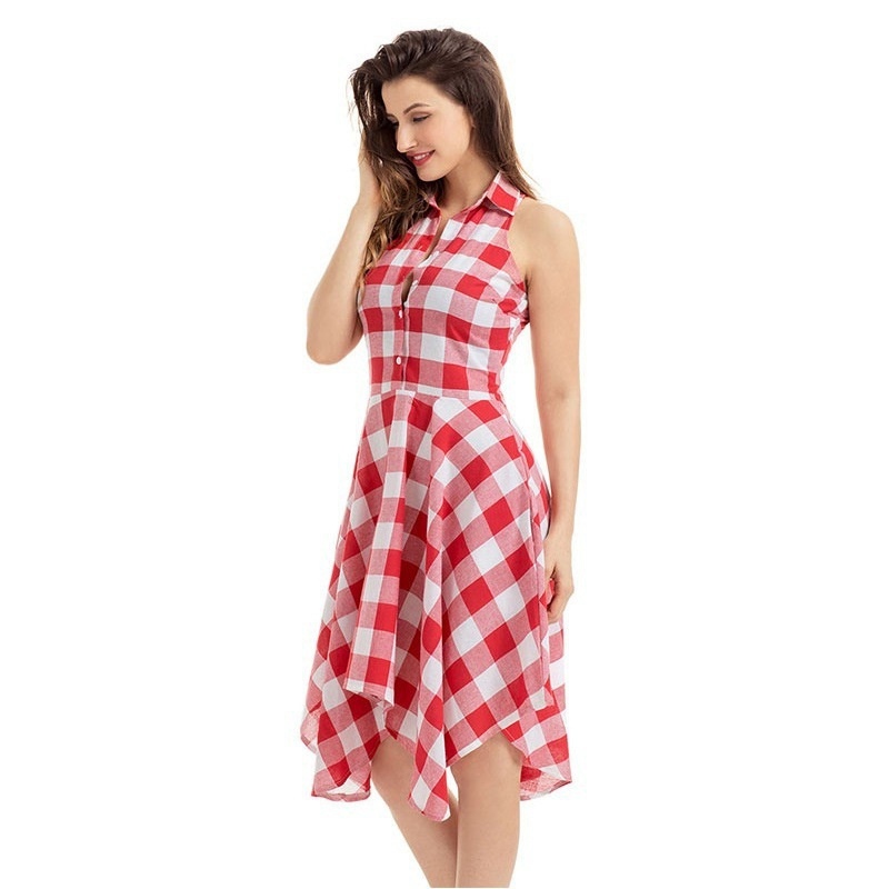 Short Autumn and Winter Plaid Mid-Skirt Temperament Commute Lapel High Waist Strap Type Cotton Red round-Neck Shirt - Image 4