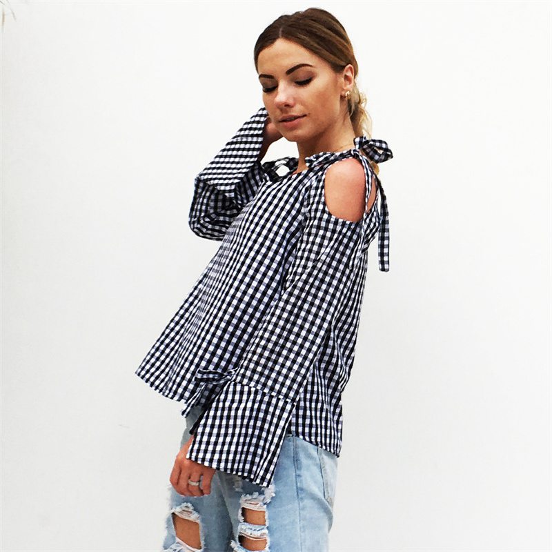 2024 Spring and Summer New Casual Black and White Plaid Cross Lace-up off-Shoulder Long Sleeve Bowknot Shirt Women's Blouse Shirt - Image 4