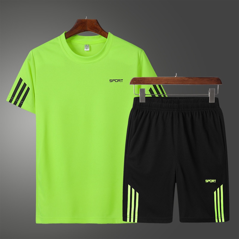 T-shirt Men's Summer Sports Suit Men's Short Sleeve Fifth Pants Suit Running Fitness Breathable Quick-Drying Two-Piece Suit Men