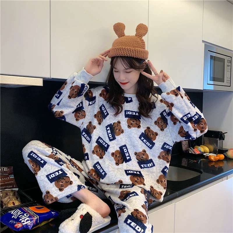Flannel Women Pajamas Sets New 2024 Autumn Winter Warm Thick Coral Velvet Long Sleeve Cartoon Sleepwear Home Pijamas Set Girl - Image 5