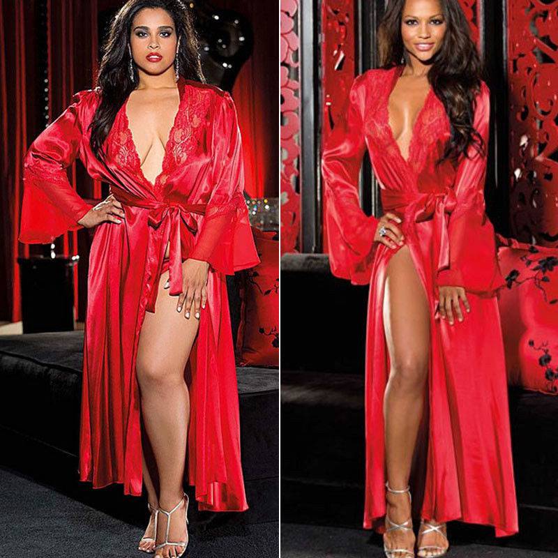 Cross-Border Foreign Trade Sexy Women's Lingerie European and American Style Lace plus Size See-through Lengthened Bathrobe See-through Nightgown - Image 5