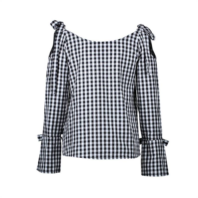 2024 Spring and Summer New Casual Black and White Plaid Cross Lace-up off-Shoulder Long Sleeve Bowknot Shirt Women's Blouse Shirt - Image 5