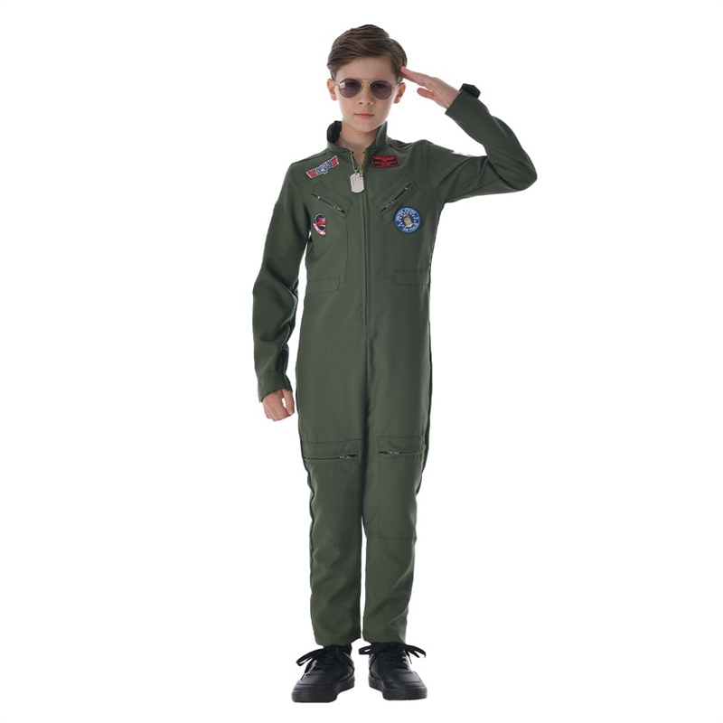 Retro Top Gun Maverick Flight Dress Halloween Costume For Adult Army Green American Military Pilot Uniform Kids Group Cosplay