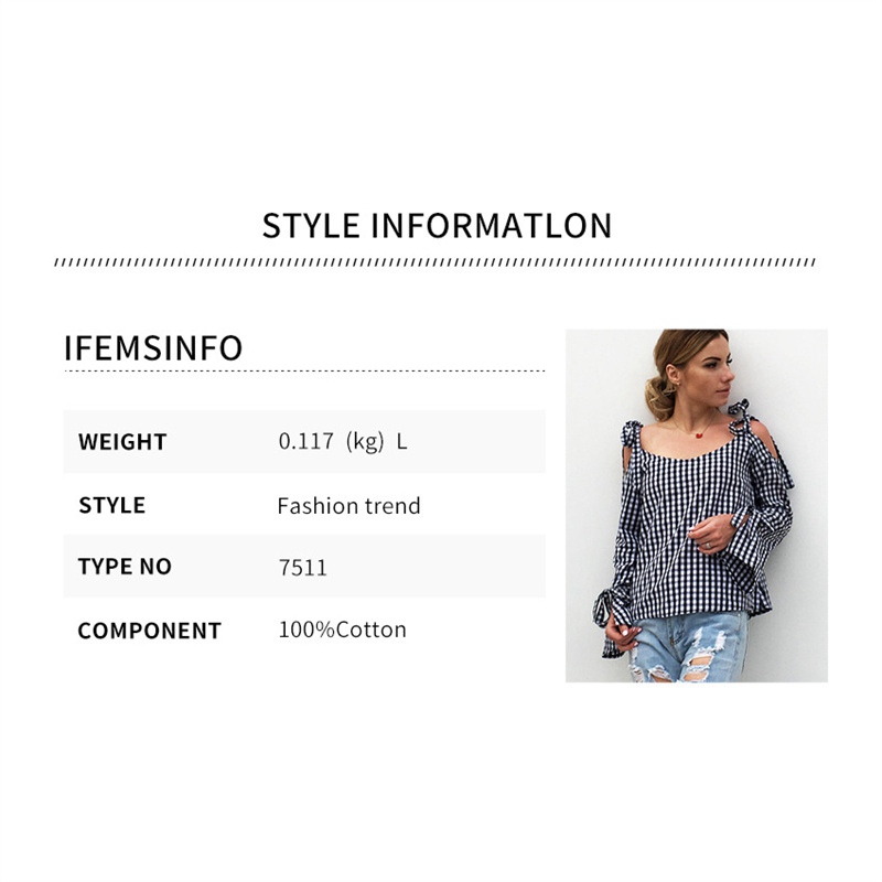 2024 Spring and Summer New Casual Black and White Plaid Cross Lace-up off-Shoulder Long Sleeve Bowknot Shirt Women's Blouse Shirt - Image 6