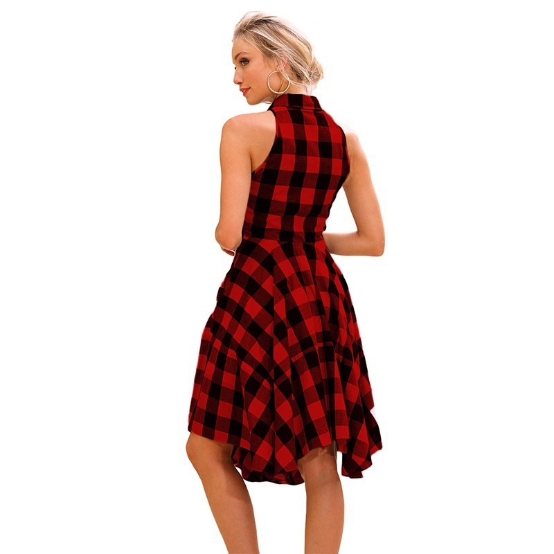 Short Autumn and Winter Plaid Mid-Skirt Temperament Commute Lapel High Waist Strap Type Cotton Red round-Neck Shirt - Image 7