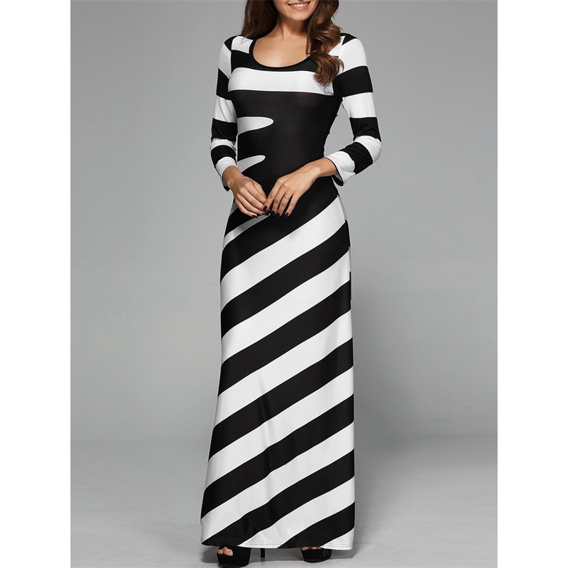 2024 European and American New Women's Clothes Nine-Quarter Sleeve Black and White Digital Printing Irregular Striped T-shirt Dress in Stock - Image 5