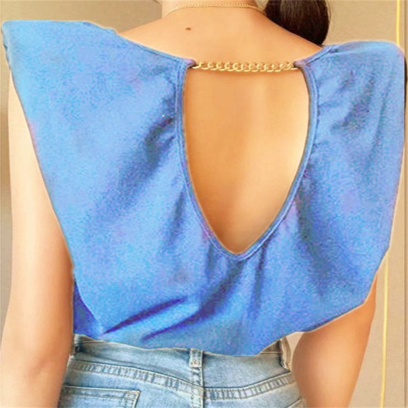 Padded Shoulder Chain Backless T-shirt Female European and American Spring and Summer Leisure Comfortable Elegant Fashion Loose Outer Tops - Image 2