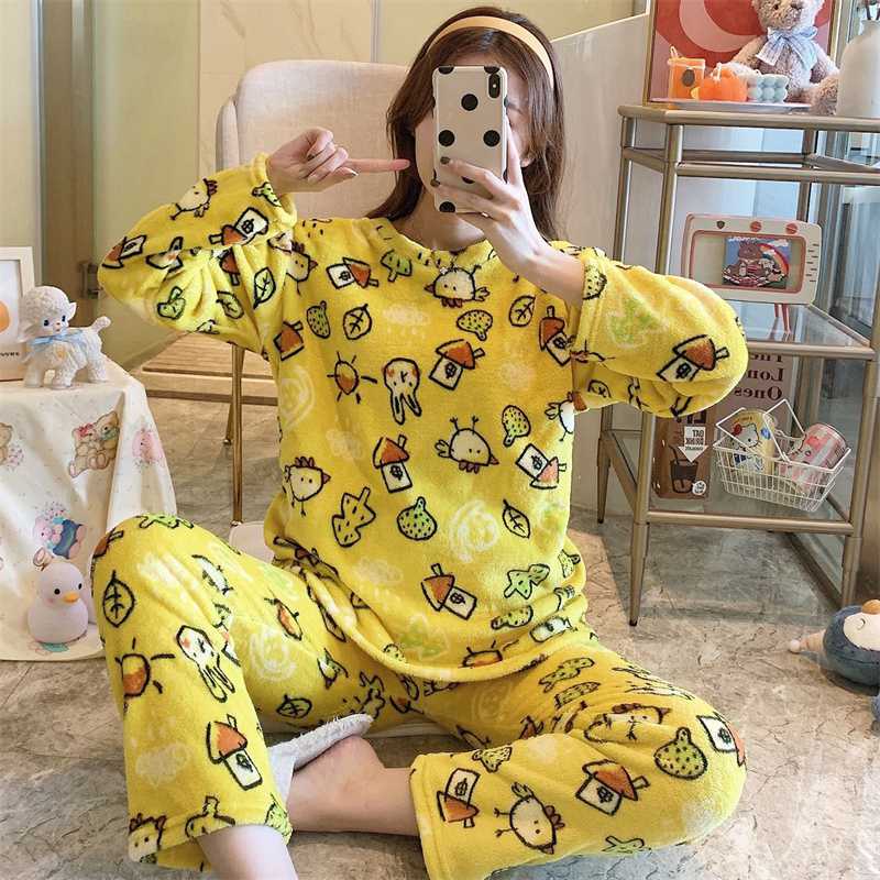 Flannel Women Pajamas Sets New 2024 Autumn Winter Warm Thick Coral Velvet Long Sleeve Cartoon Sleepwear Home Pijamas Set Girl