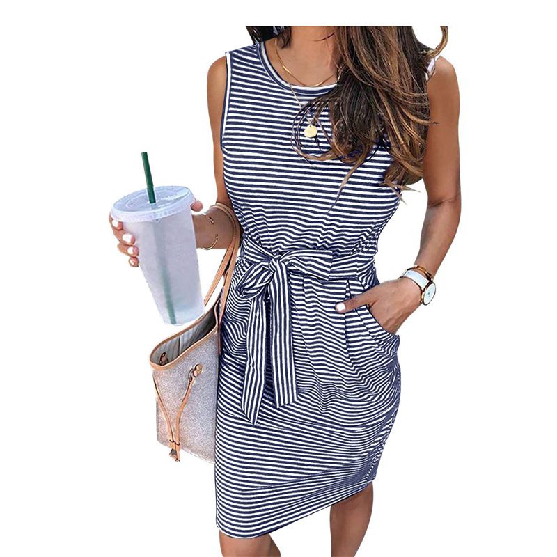 2024 Amazon Spring and Summer New Cross-Border Foreign Trade round Neck Sleeveless Striped T-shirt Tie Waist Vest Dress Women's Clothing - Image 9
